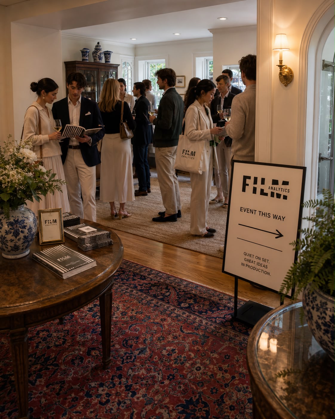Guests arriving beside a Film Analytics event sign in a warmly lit hallway
