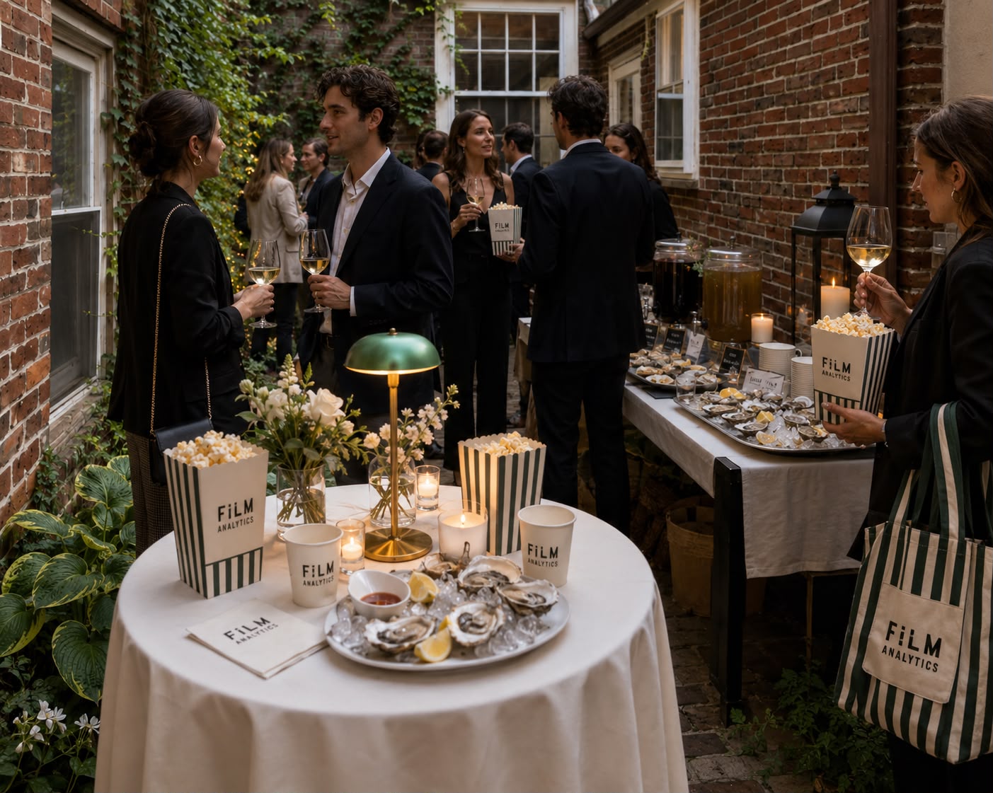 Guests with wine and striped Film Analytics popcorn boxes at a candlelit courtyard reception