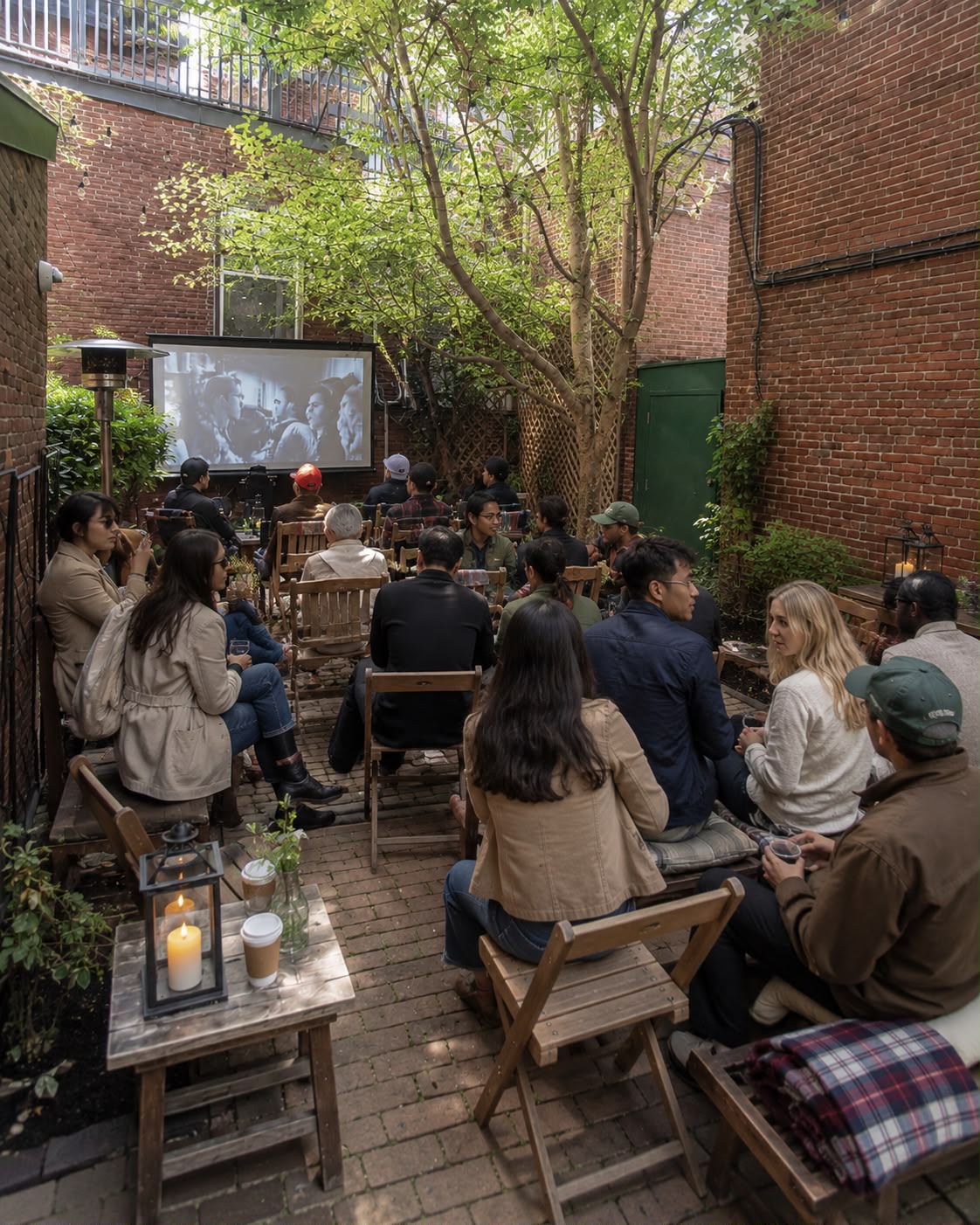 Guests seated on folding chairs in a brick courtyard watching a black-and-white film projected at dusk